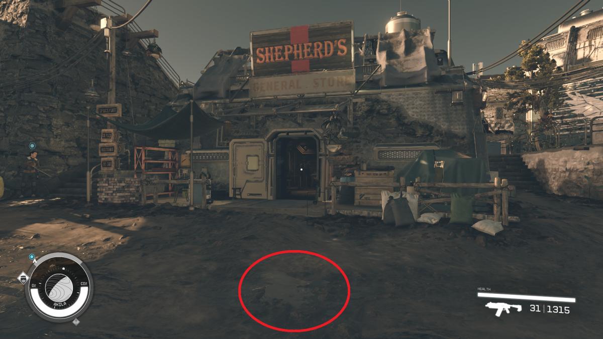 Starfield Sherpard's General Store with the puddle glitch circled in red