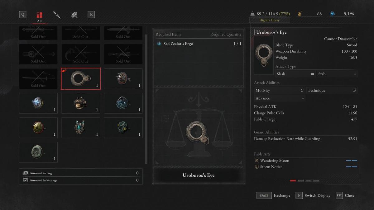The menu shows the stats of the Uroboros’ Eye. 
