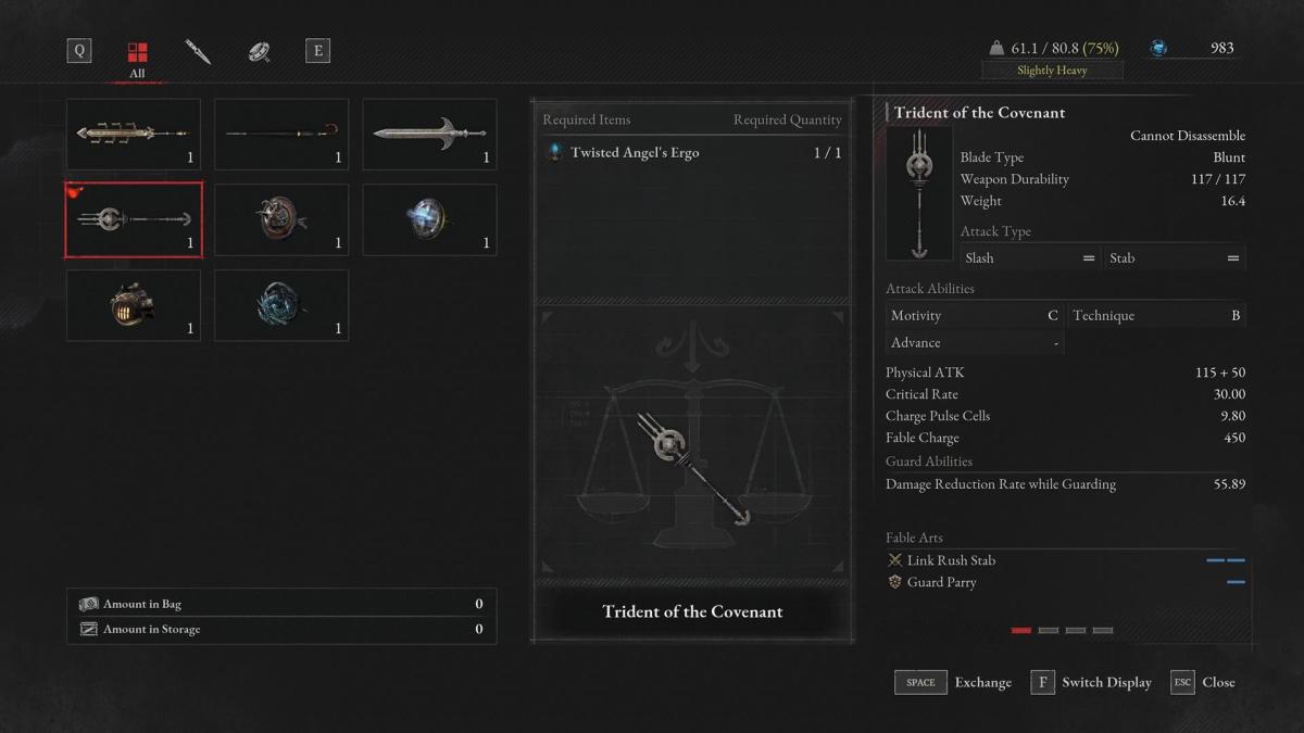 Lies of P menu showing the stats of the Trident of the Covenant