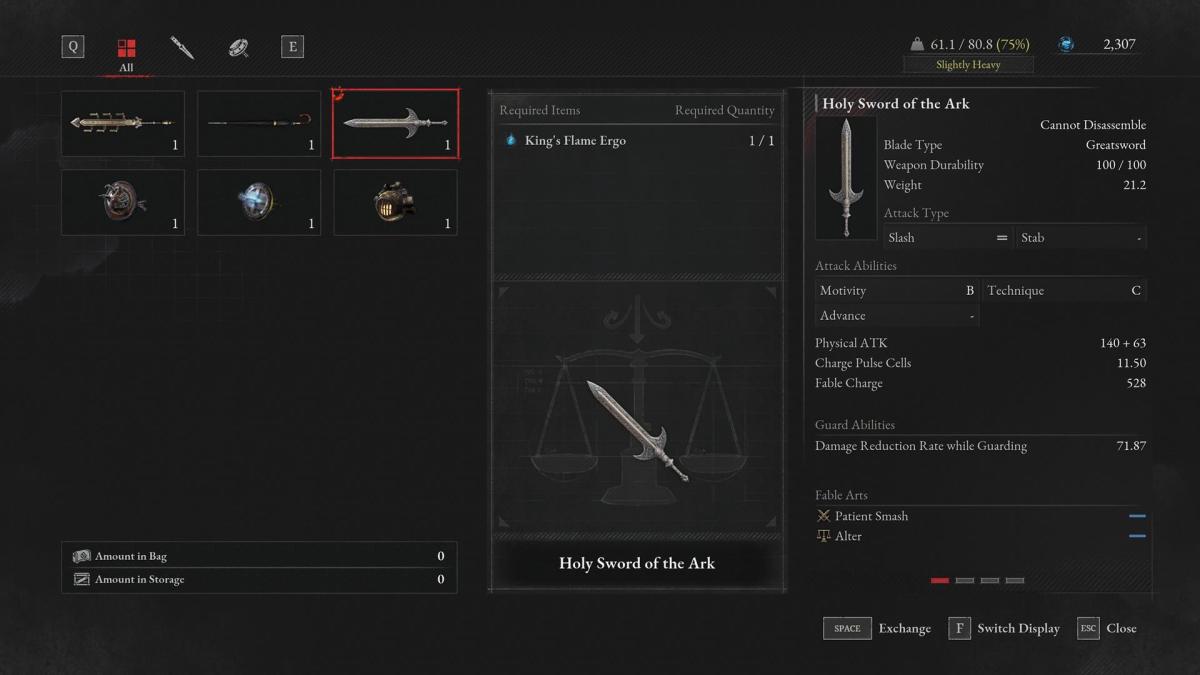 Lies of P menu showing the stats of the Holy Sword of the Ark.