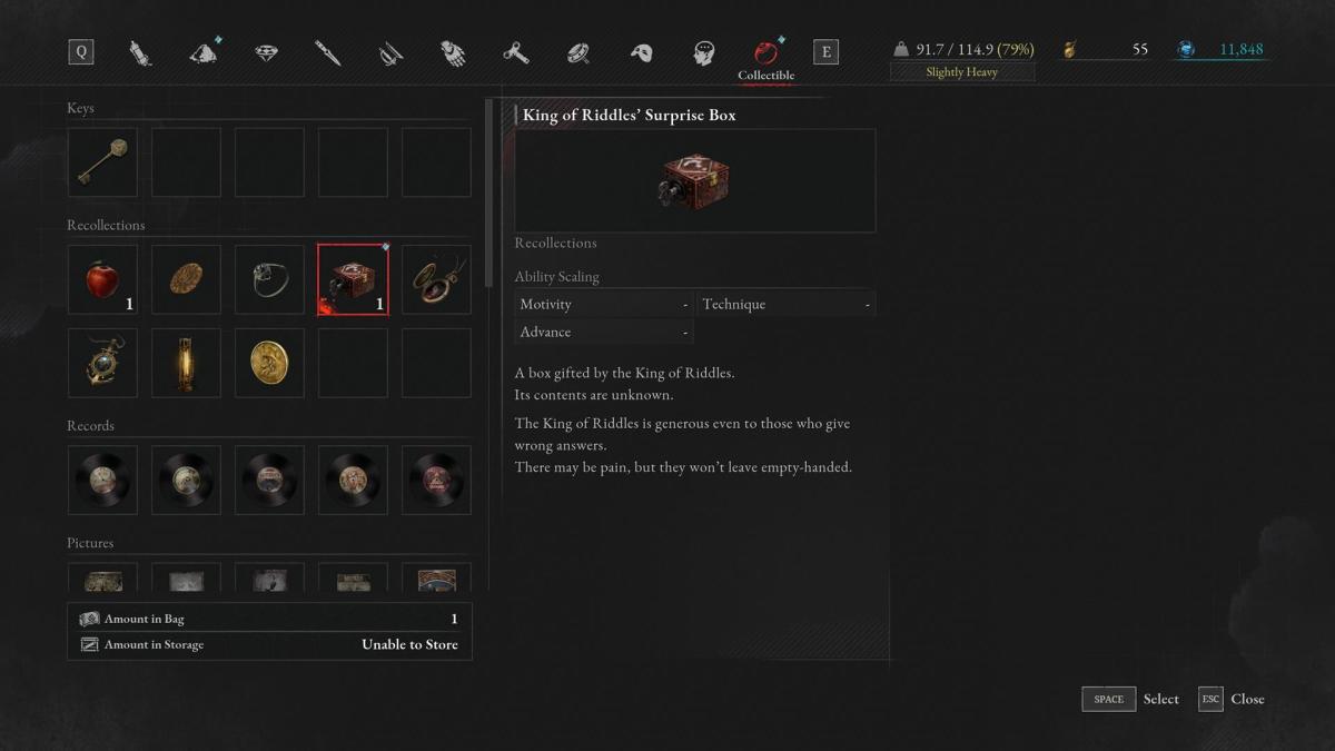 An item called the King of Riddles’ Surprise Box is shown in the inventory.