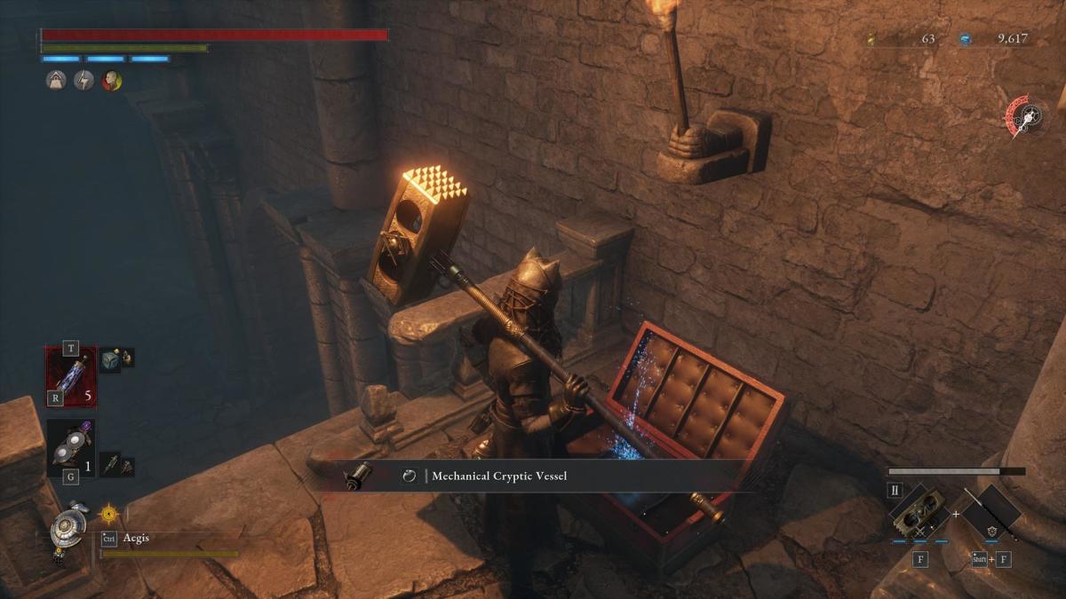 The player opens a chest to receive a Cryptic Vessel.