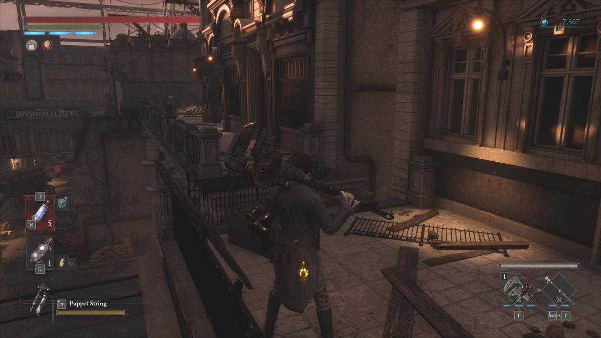The player is on a balcony overlooking the city.
