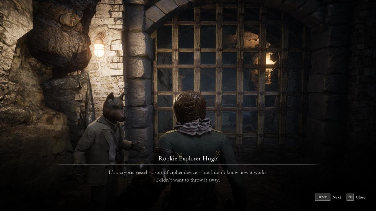 A person wearing a hound mask gives the player a Cryptic Vessel.