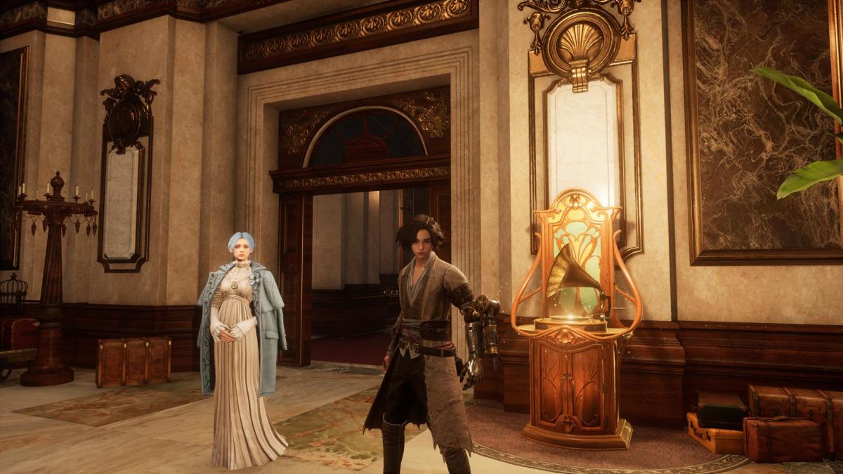 A player stands in front of a gramophone with a woman standing next to it.