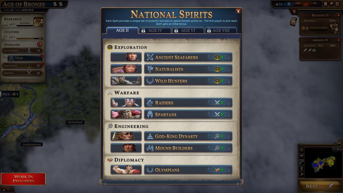 Millennia screenshot of a National Spirits list.