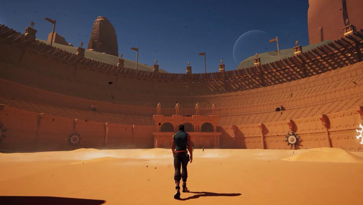Everywhere screenshot of a person walking into a sandy arena.