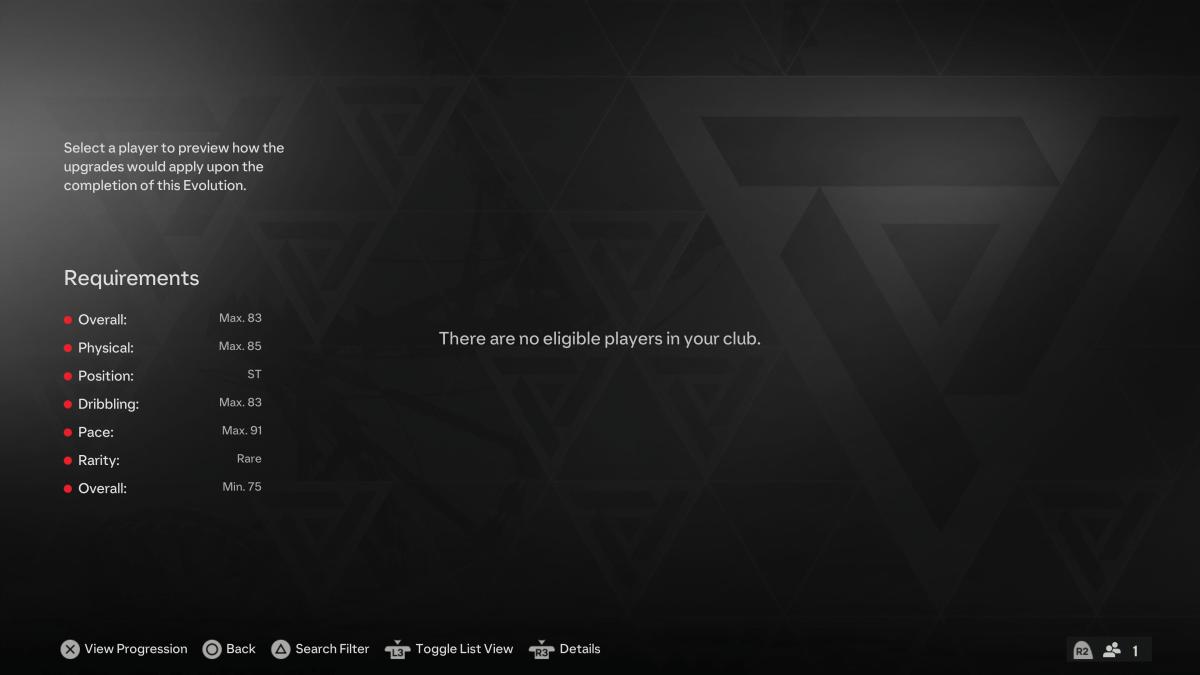 EA FC 24 Evolution screen no eligible player.