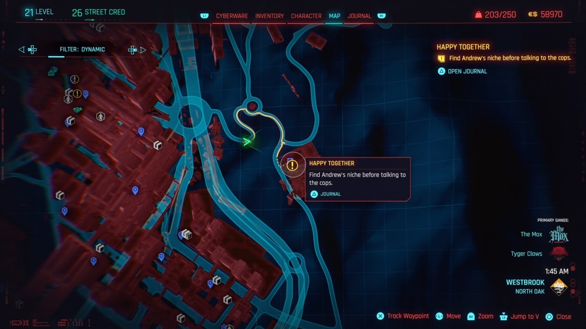 The Night City Columbarium location highlighted on Cyberpunk 2077's map screen