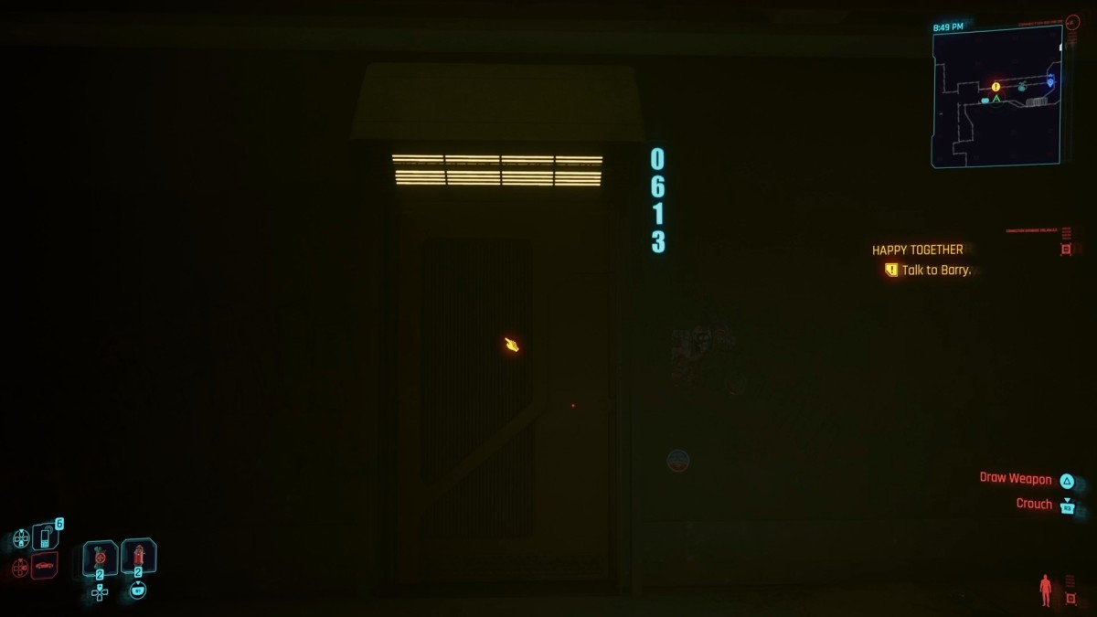 The door of apartment 0613 in Night City's Megabuilding H10 in Cyberpunk 2077