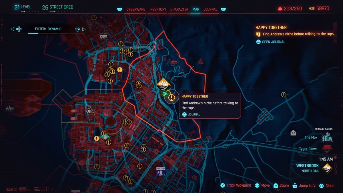 The location of Andrew's Niche shown on Cyberpunk 2077's world map.