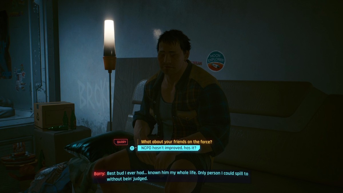 A screenshot in which an optional blue dialogue choice is highlighted