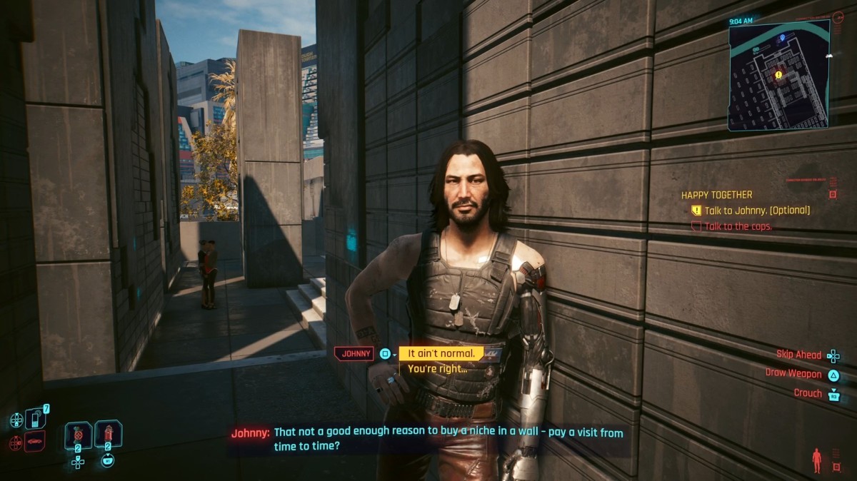 A screenshot from Cyberpunk 2077 showing the optional conversation with Johnny Silverhand after you discover Andrew's true identity.