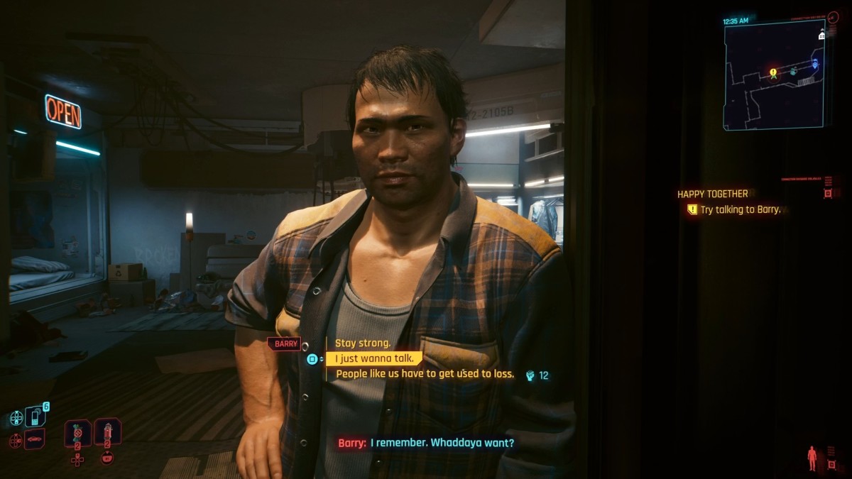 Cyberpunk 2077 screenshot showing Barry as you first meet him in his apartment