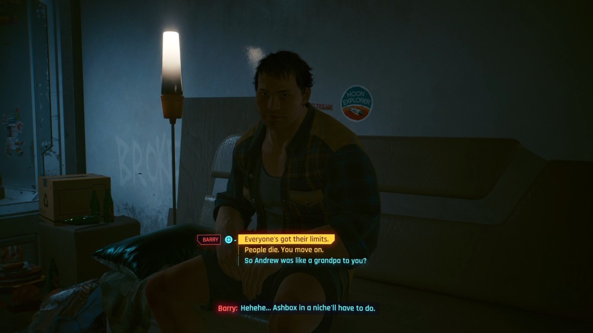 A screenshot from the Happy Together quest in Cyberpunk 2077 with the correct dialogue option "Everyone's got their limits" highlighted.