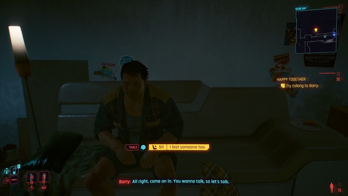 Cyberpunk 2077 screenshot showing the option to sit next to Barry and talk