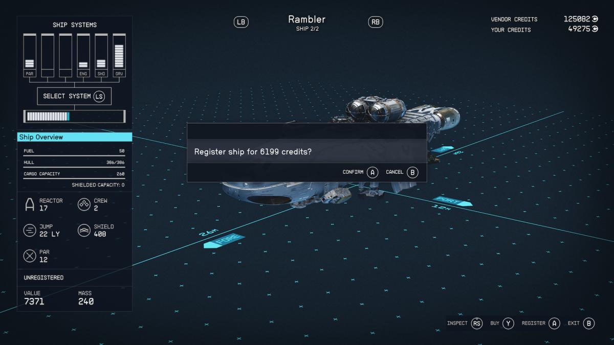 A ship registration fee confirmation prompt in Starfield