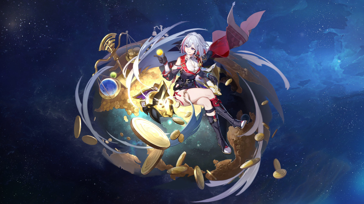 Honkai: Star Rail Topaz and Numby artwork on space background.