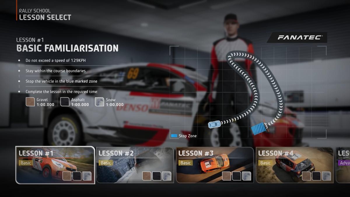 EA Sports WRC Rally School lesson select screen