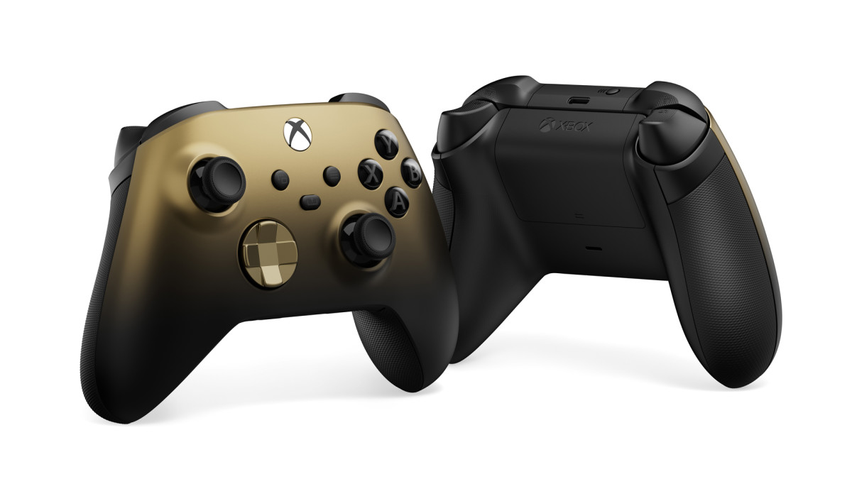 Front and back view of the Gold Shadow Special Edition Xbox Wireless controller