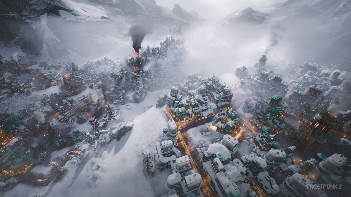 Frostpunk 2 screenshot of a snowed in city.