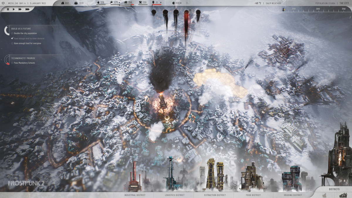 Frostpunk 2 screenshot of a city with UI.