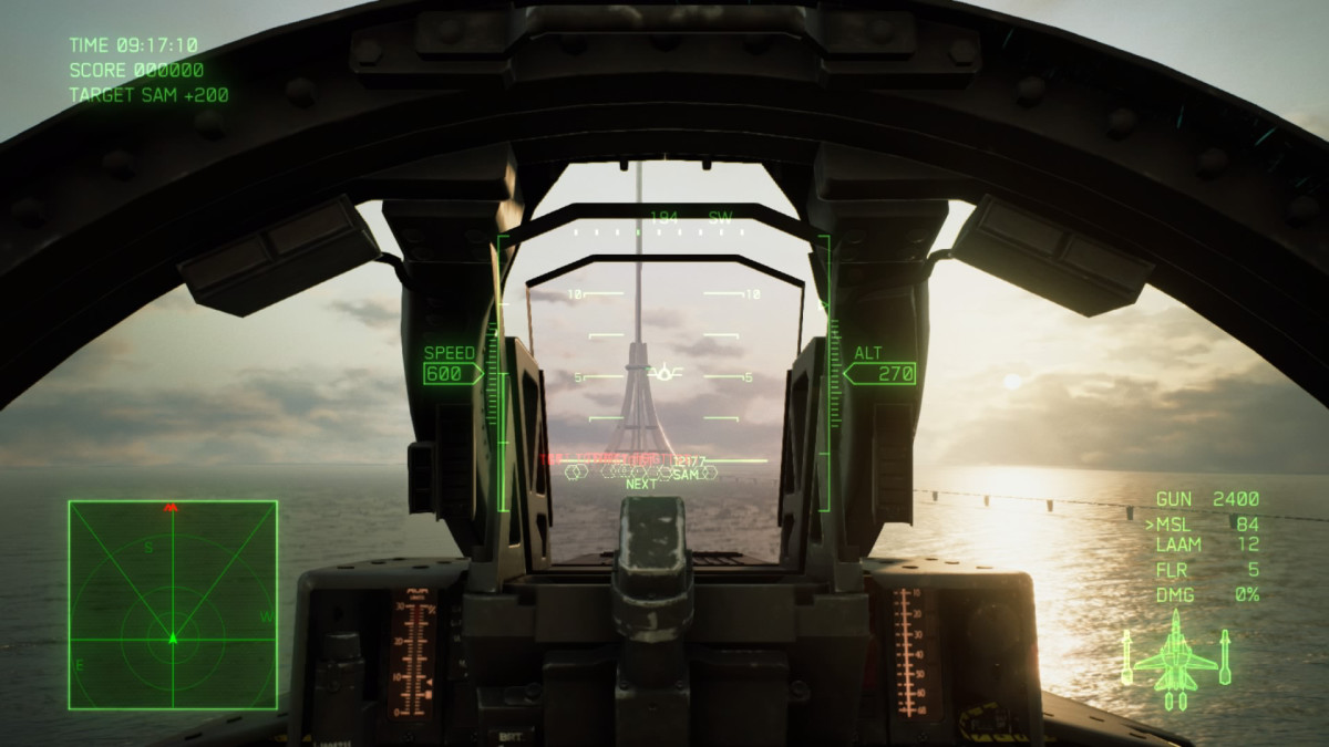 Ace Combat 7 screenshot showing a fighter jet pilot's first person perspective from the cockpit.