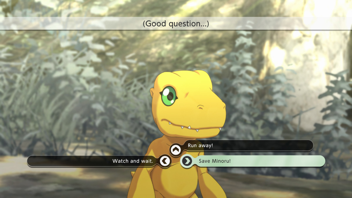 Digimon Survive screenshot showing a dialog scene with a Digimon.