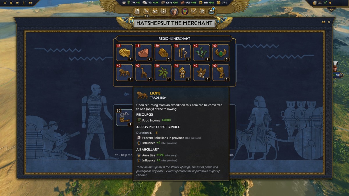 Total War: Pharaoh Hatshepsut Ancient Legacy screenshot showing the trade process.