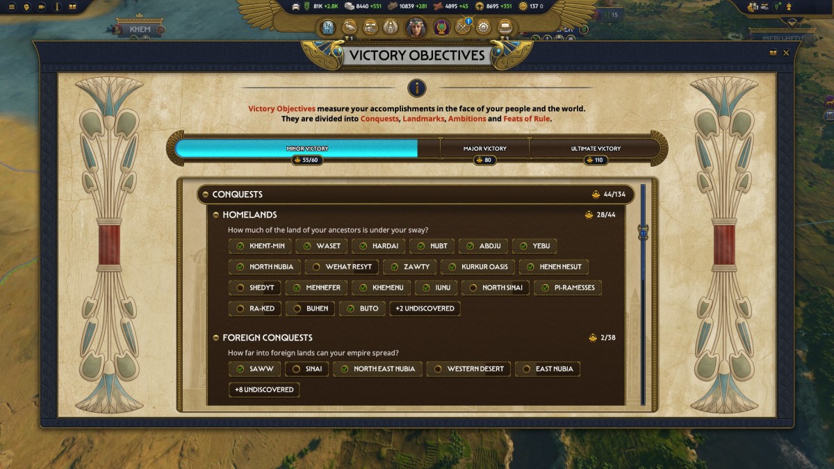 Total War: Pharaoh Victory Objectives screen.