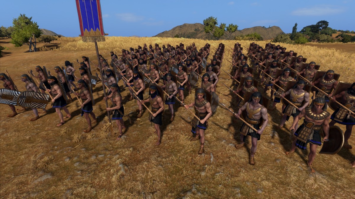 Total War: Pharaoh screenshot of Elite Medjay Warriors with Axes.