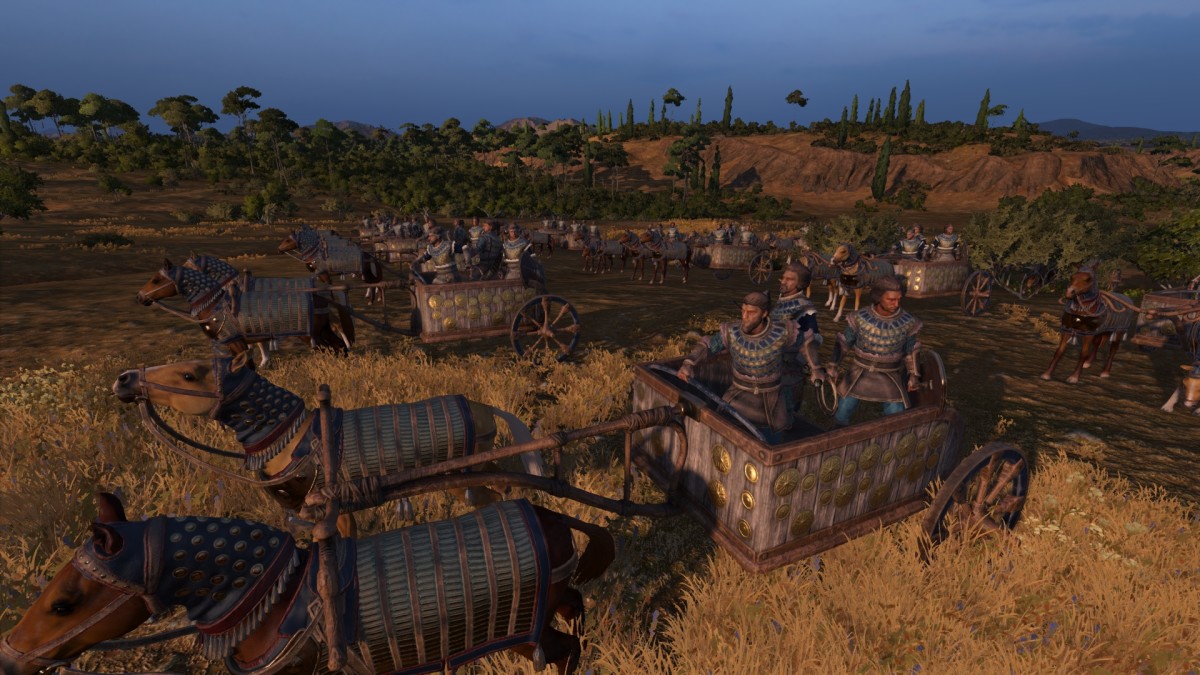 Total War: Pharaoh screenshot of Armored Kaskian Chariots.