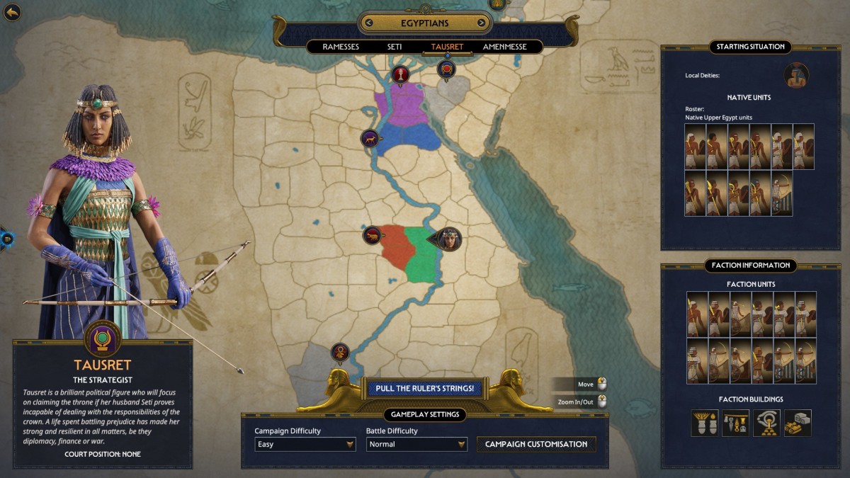Total War: Pharaoh Tausret selection screen.