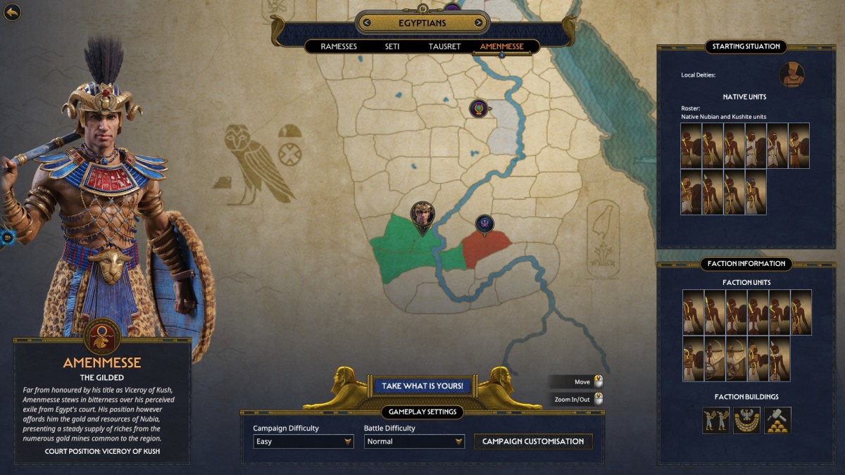 Total War: Pharaoh Amenmesse selection screen.