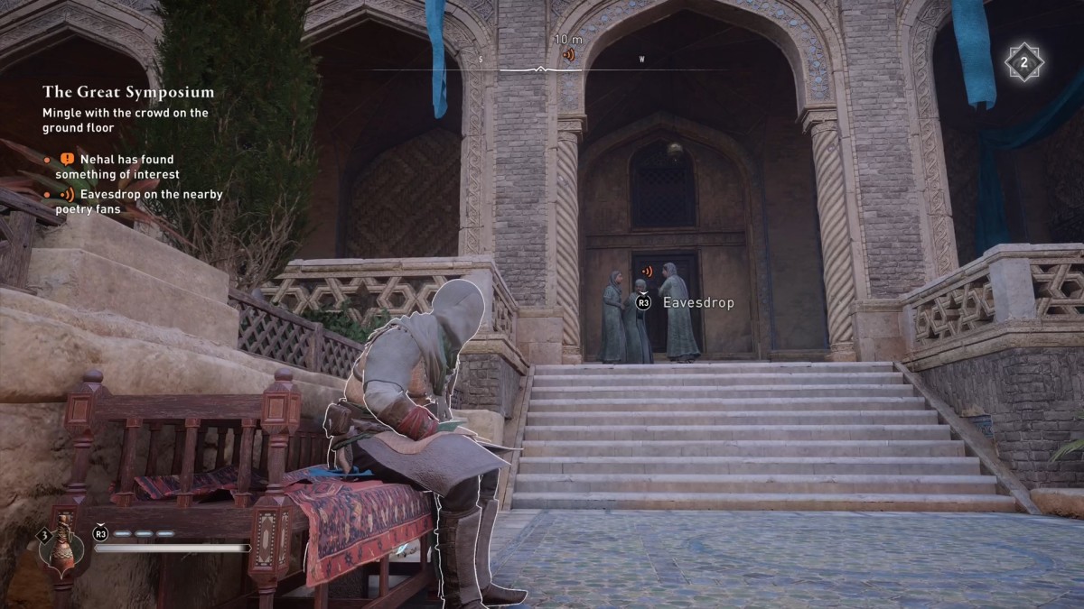AC Mirage screenshot showing Basim eavesdropping on poetry fans