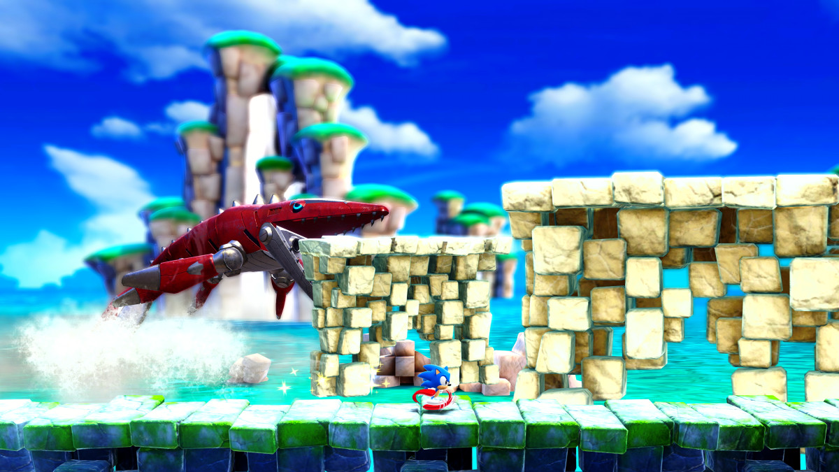 Sonic Superstars Sonic running from a giant mechanical shark