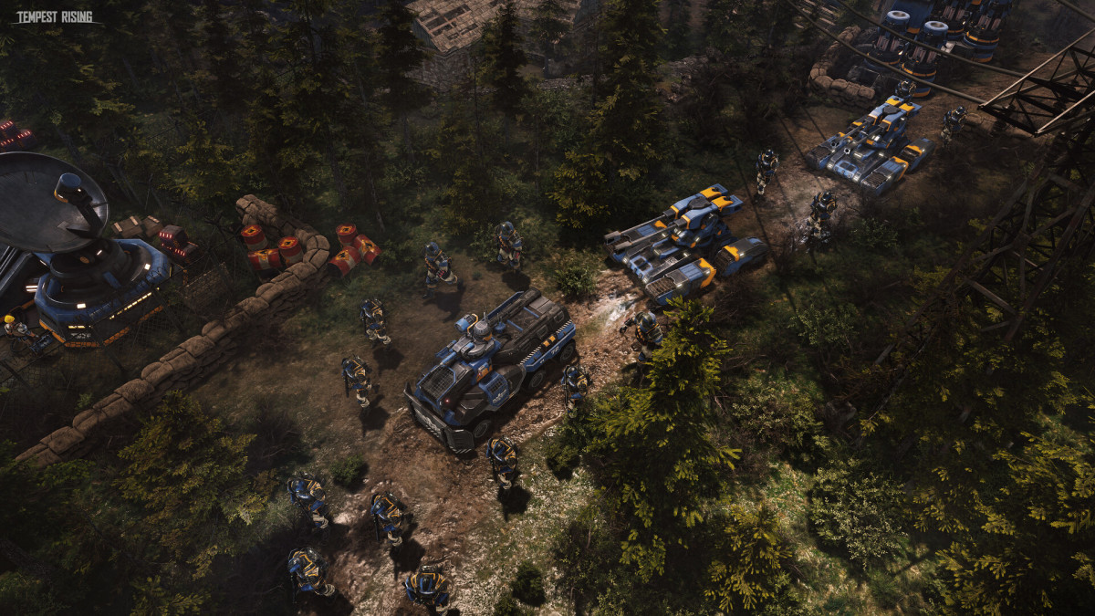 Tempest Rising screenshot of an armed convoy in a forest.