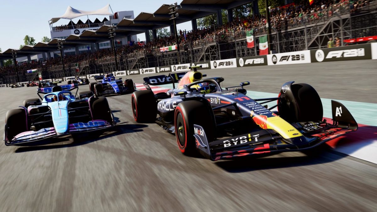 F1 23 screenshot of a duel between a Red Bull and an Alpine.