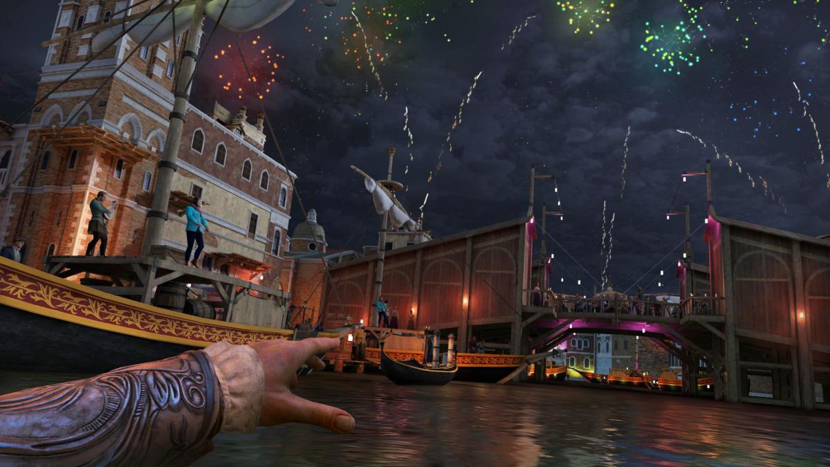 Screenshot from Assassin's Creed Nexus VR showing fireworks over a bridge in Venice