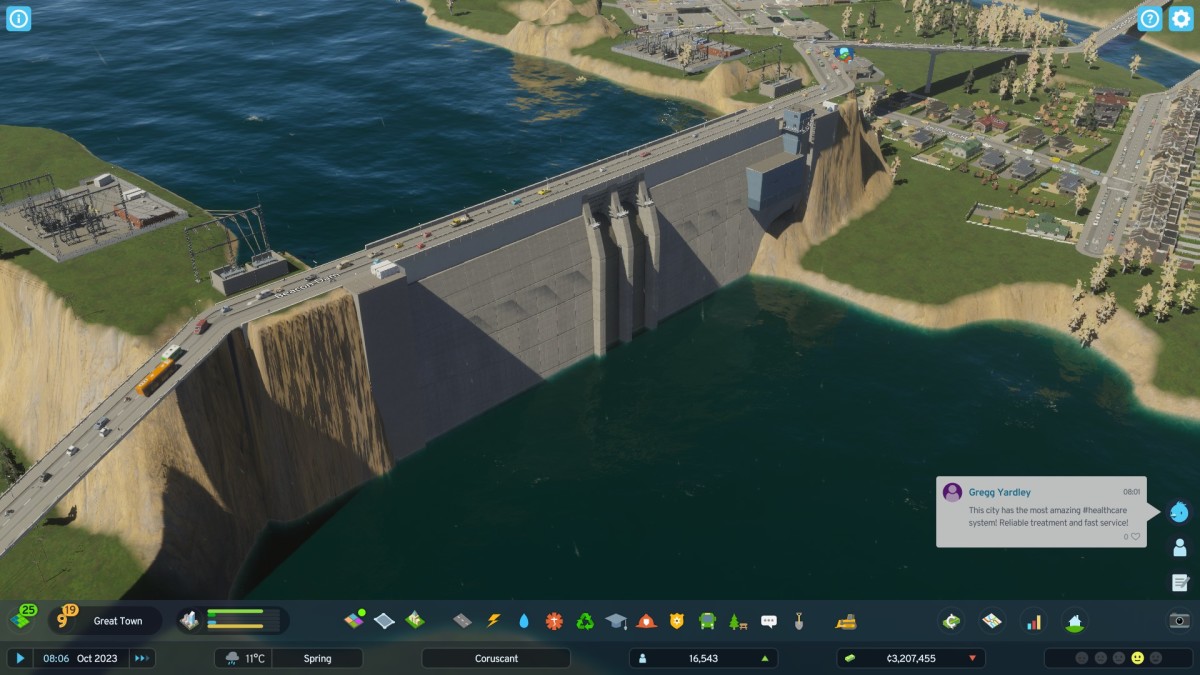 Cities: Skylines 2 screenshot of a hydroelectric power plant.