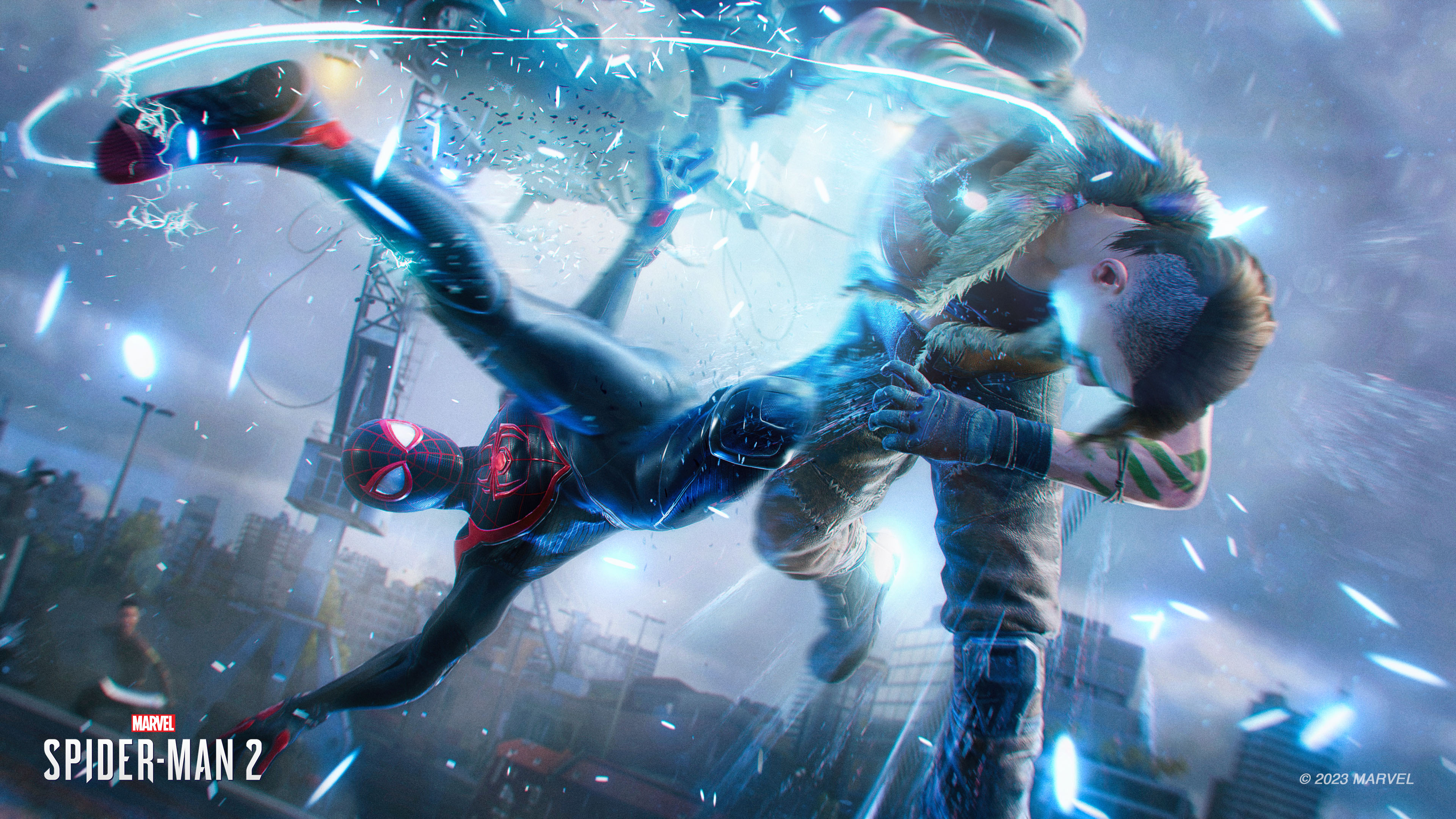 Miles Morales kicks a goon in the head in Marvel's Spider-Man 2.