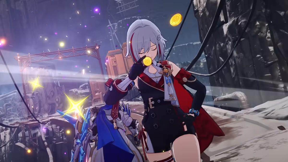 Honkai: Star Rail Topaz walking away from a defeated enemy, holding a coin in hand.
