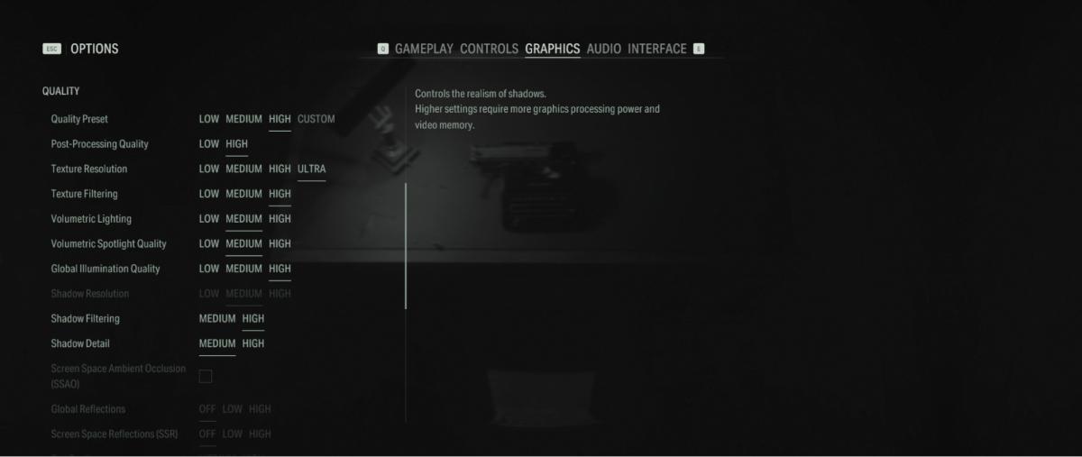 The graphics toggle page for Alan Wake 2 on PC.