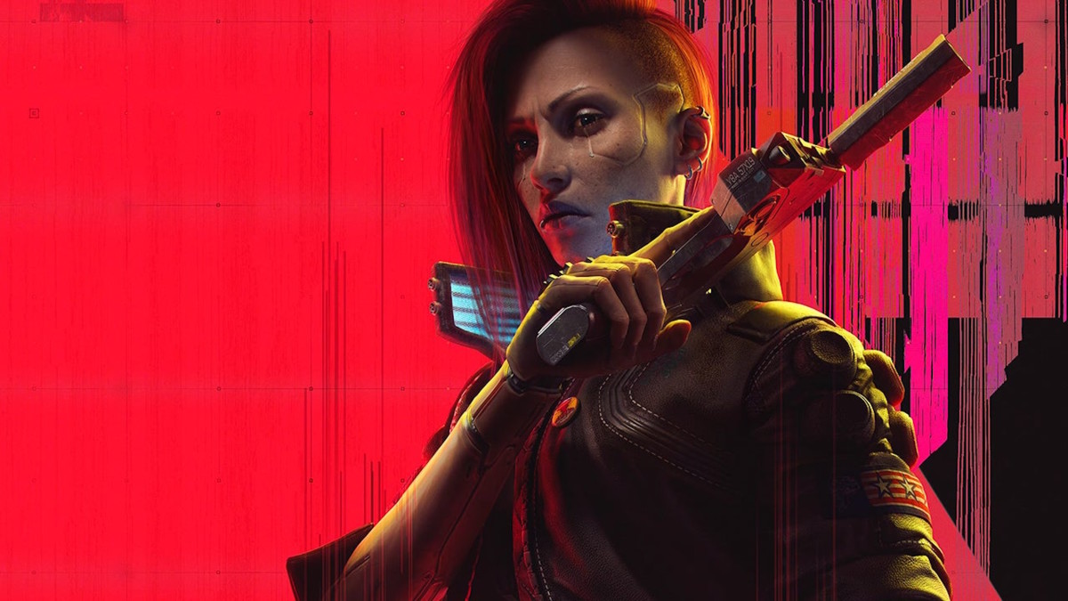 A woman with short hair and a dark jacket is depicted against a glitchy red and black background while carrying a large pistol.