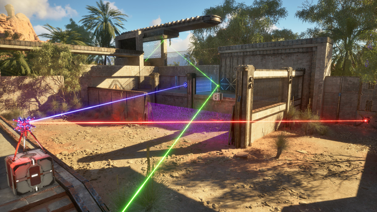 A screenshot from The Talos Principle 2 shows an environmental puzzle with lasers of three different colors.