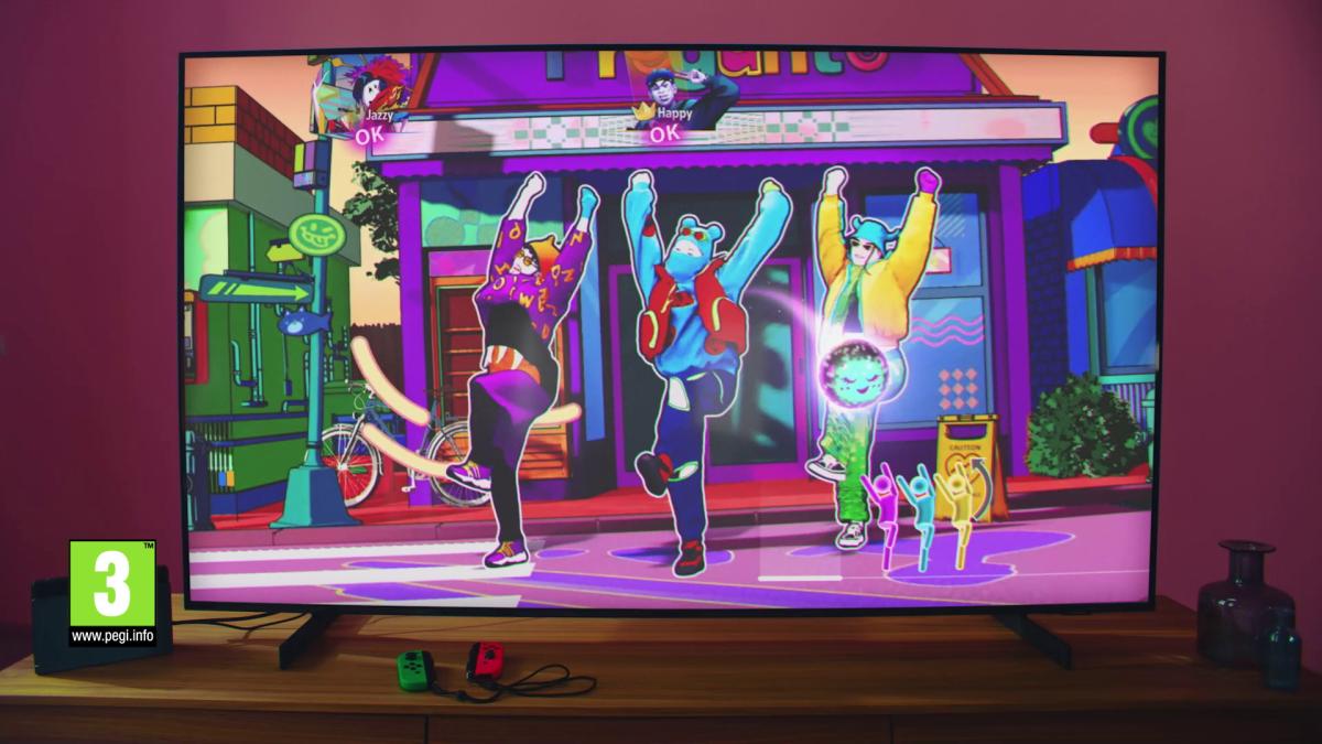 A TV displaying Just Dance 2024 Edition