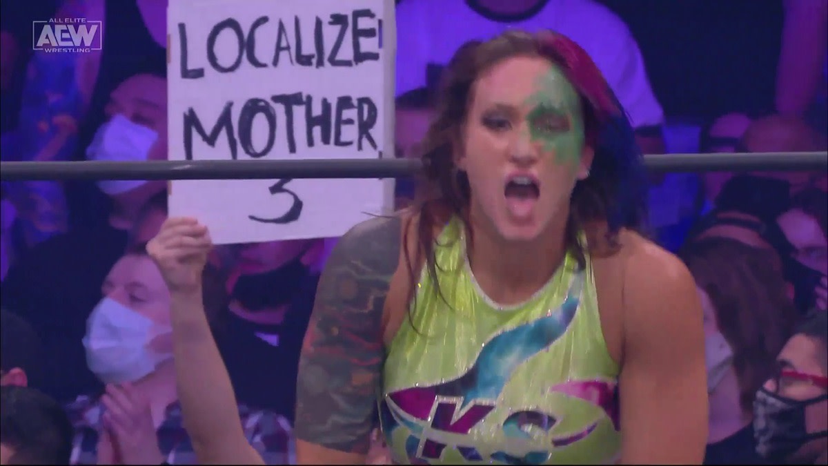 AEW fan sign that says "Localize Mother 3" behind Kris Statlander