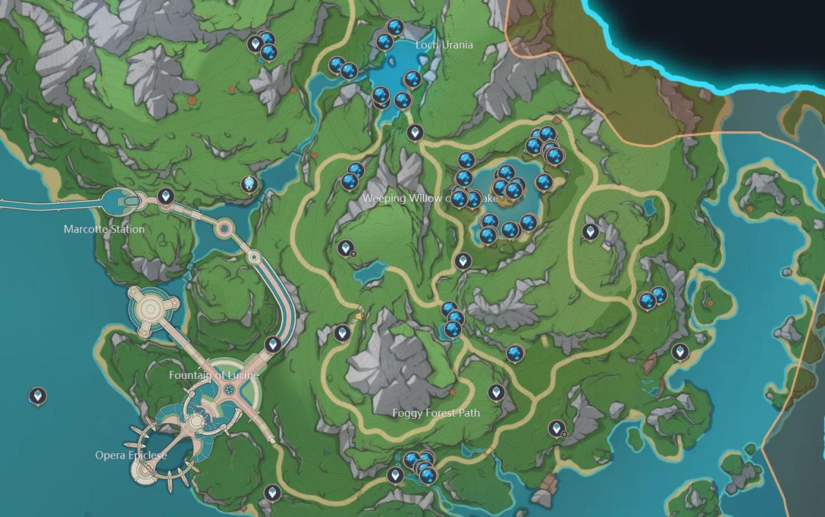 Genshin Impact Fontaine map showing Lakelight Lily locations.