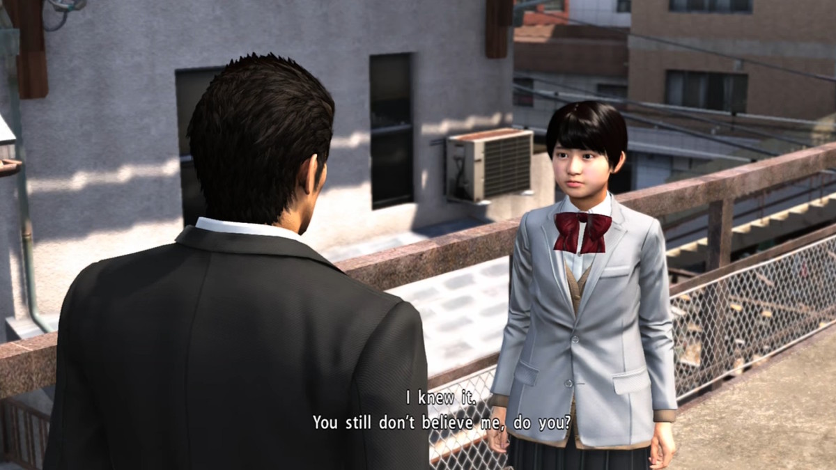 An animated young woman in a school uniform is standing on a rooftop speaking to a man in a suit.