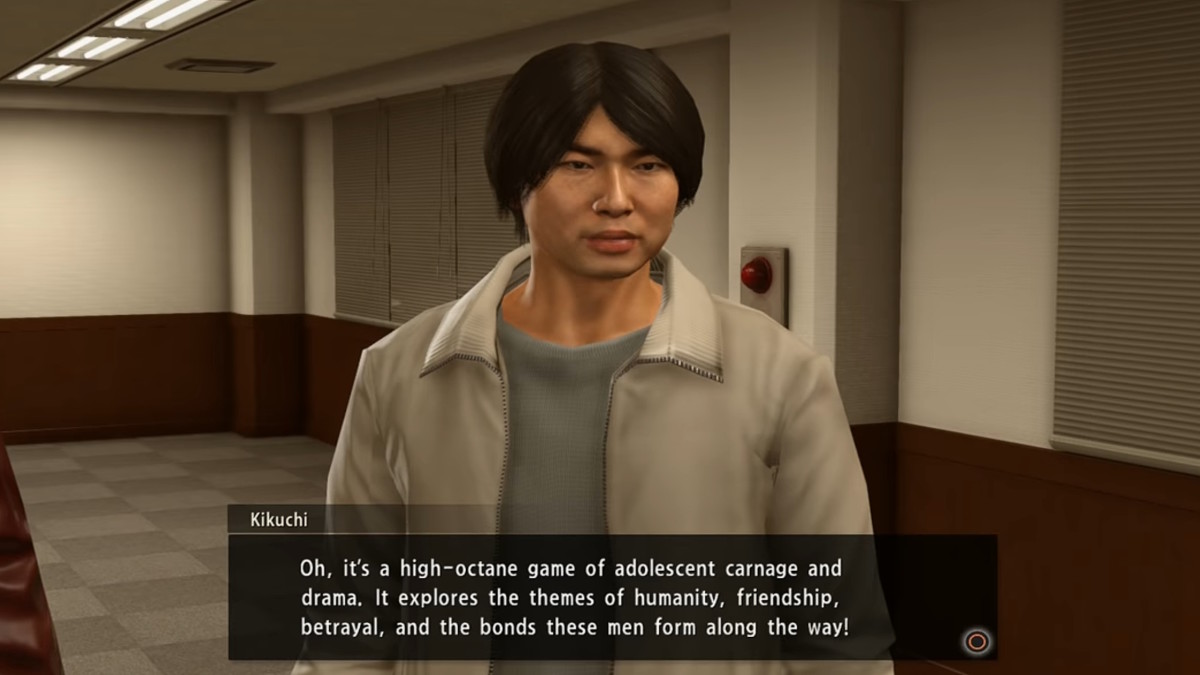 An animated Japanese man wearing a tan windbreaker is standing in a recording studio explaining the type of project he's working on